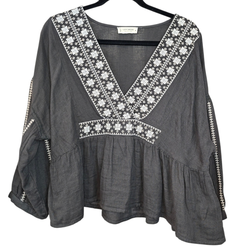 Lucky Brand Embroidered Cotton Peasant Blouse Boho V-Neck Balloon Sleeve Size M. - Picture 3 of 16